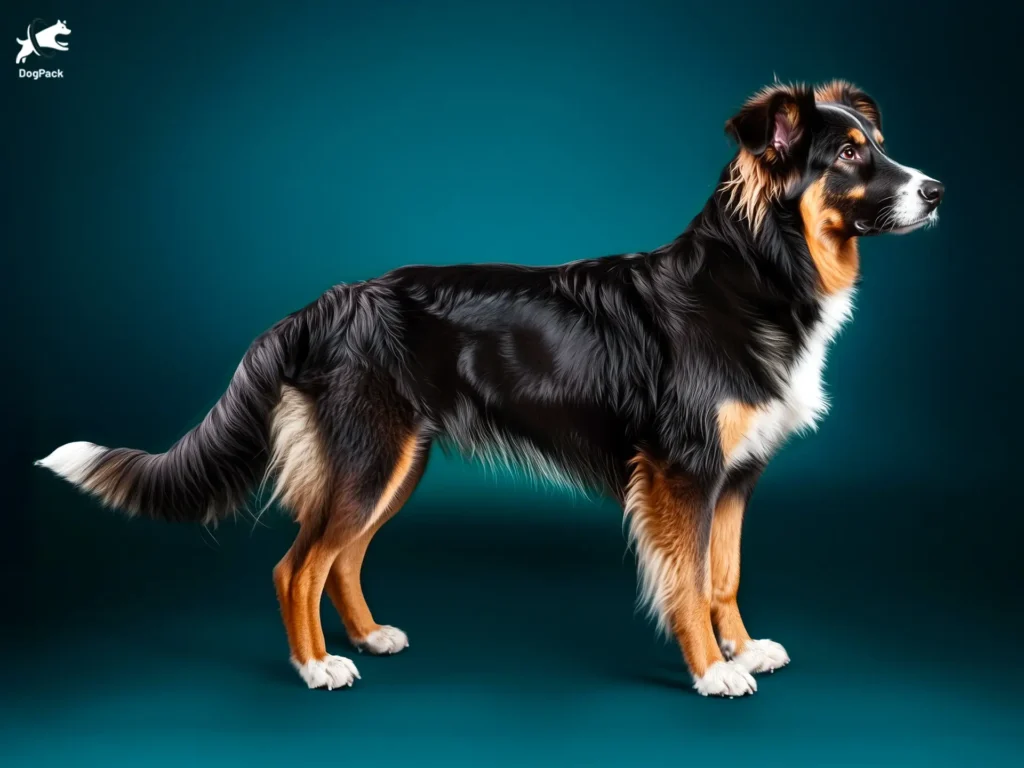 English Shepherd dog breed full body view standing against green background