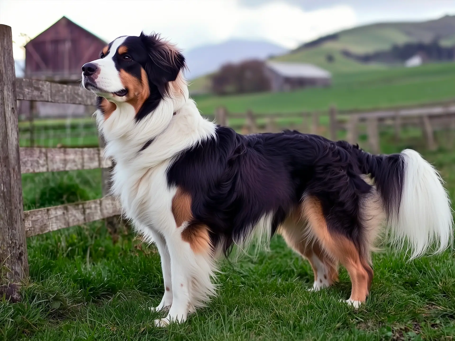 English Shepherd in a rural setting, showcasing its lush, tri-colored coat and attentive stance near a barn