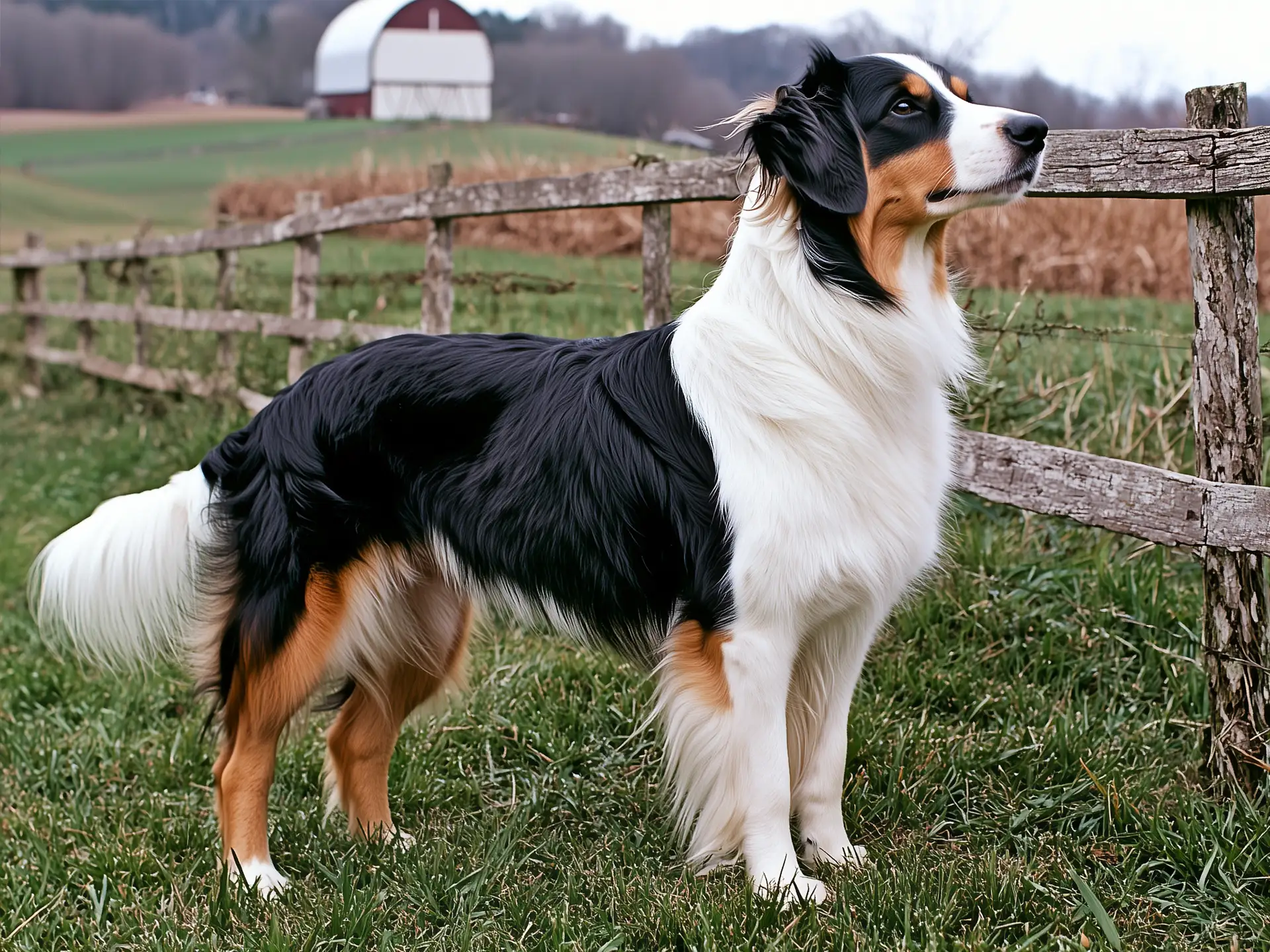 English Shepherd standing outdoors beside a wooden fence, displaying its tri-colored coat and alert posture.