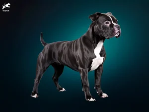 English Staffordshire Bull Terrier Dog breed full body view standing against green background