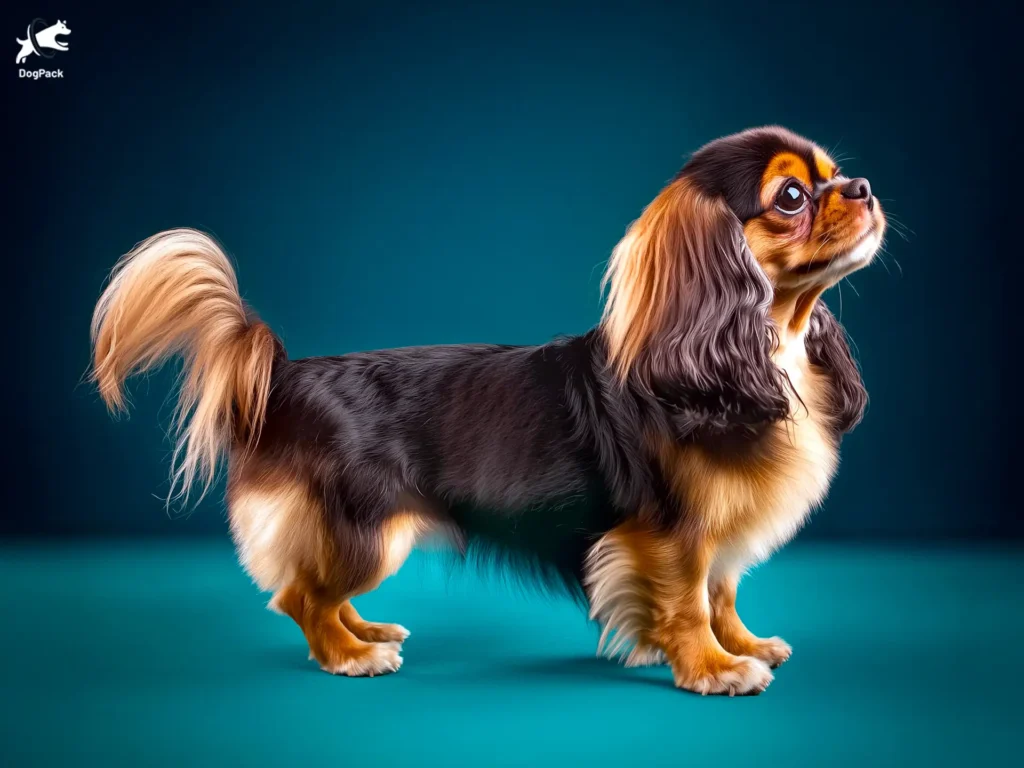 English Toy Spaniel dog breed full body view standing against green background