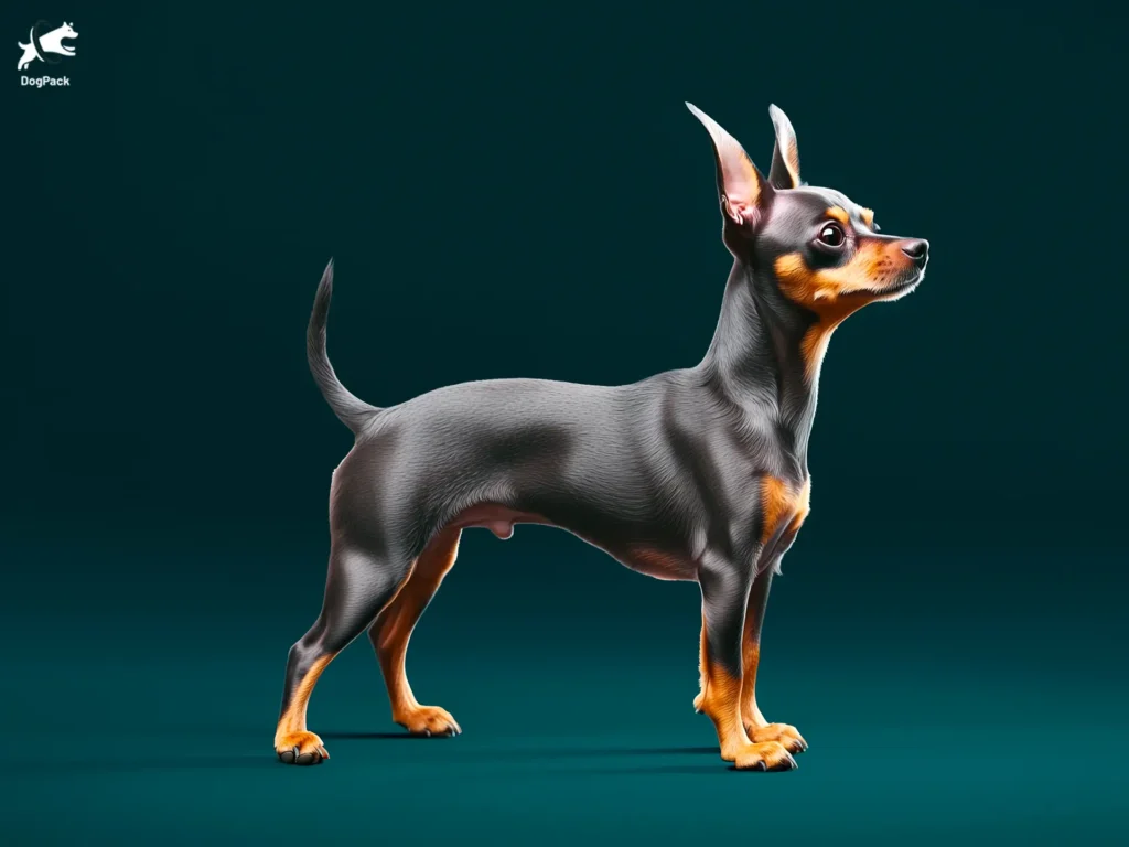 English Toy Terrier dog breed full body view standing against green background