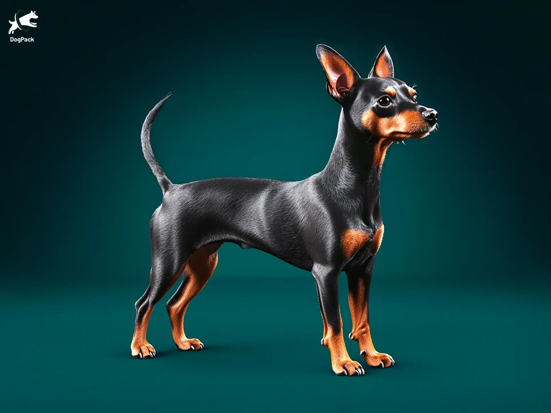 English Toy Terrier dog breed full body view standing against green background