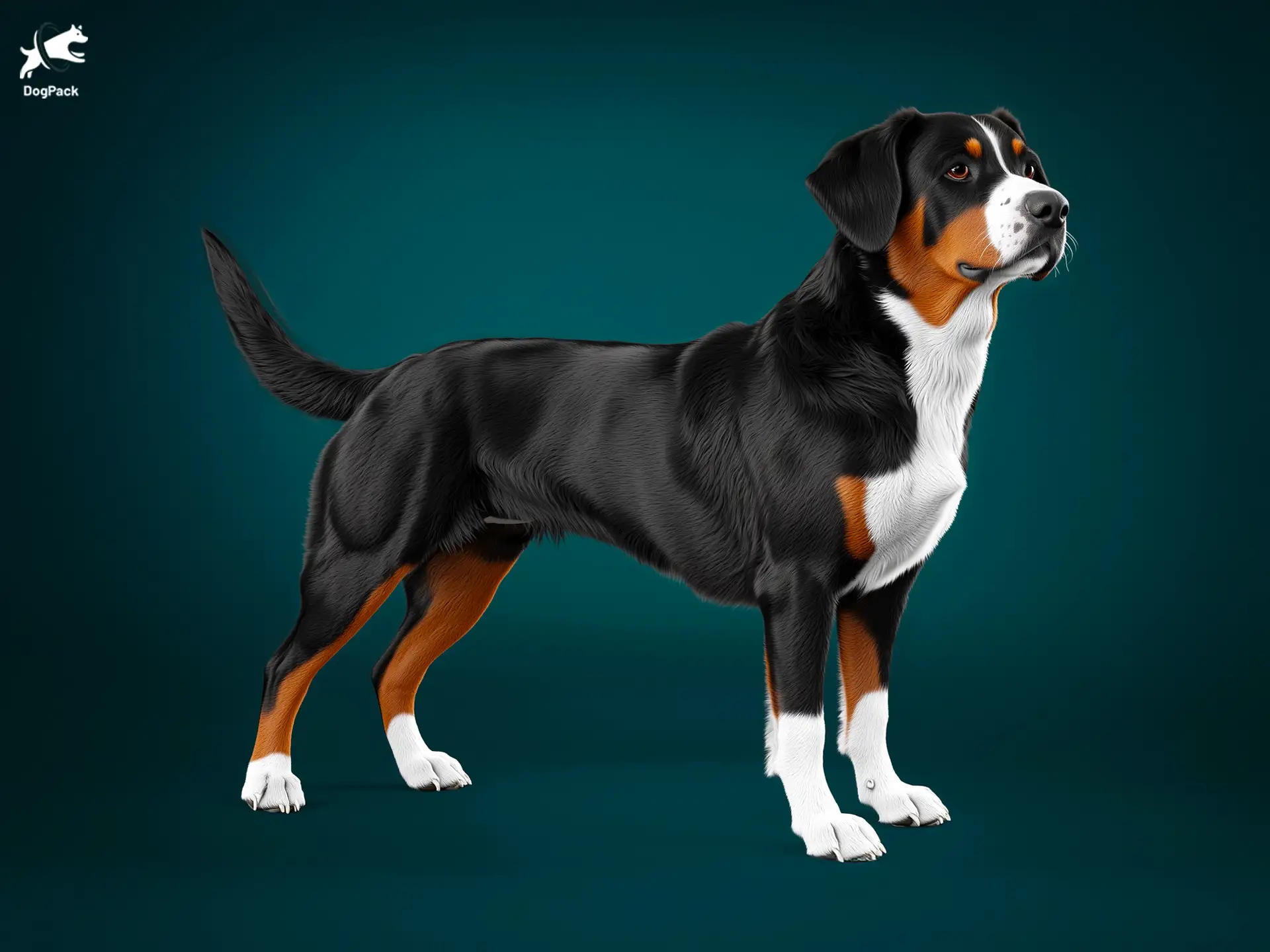 Entlebucher Mountain Dog breed full body view standing against green background