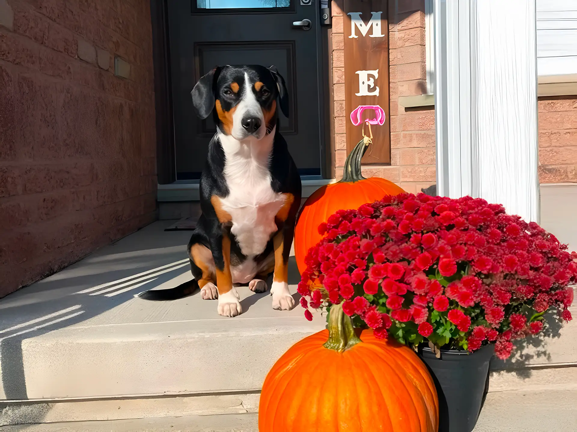 Entlebucher Mountain Dog sitting on a porch with pumpkins and red flowers, showcasing its tricolor coat of black, white, and tan.