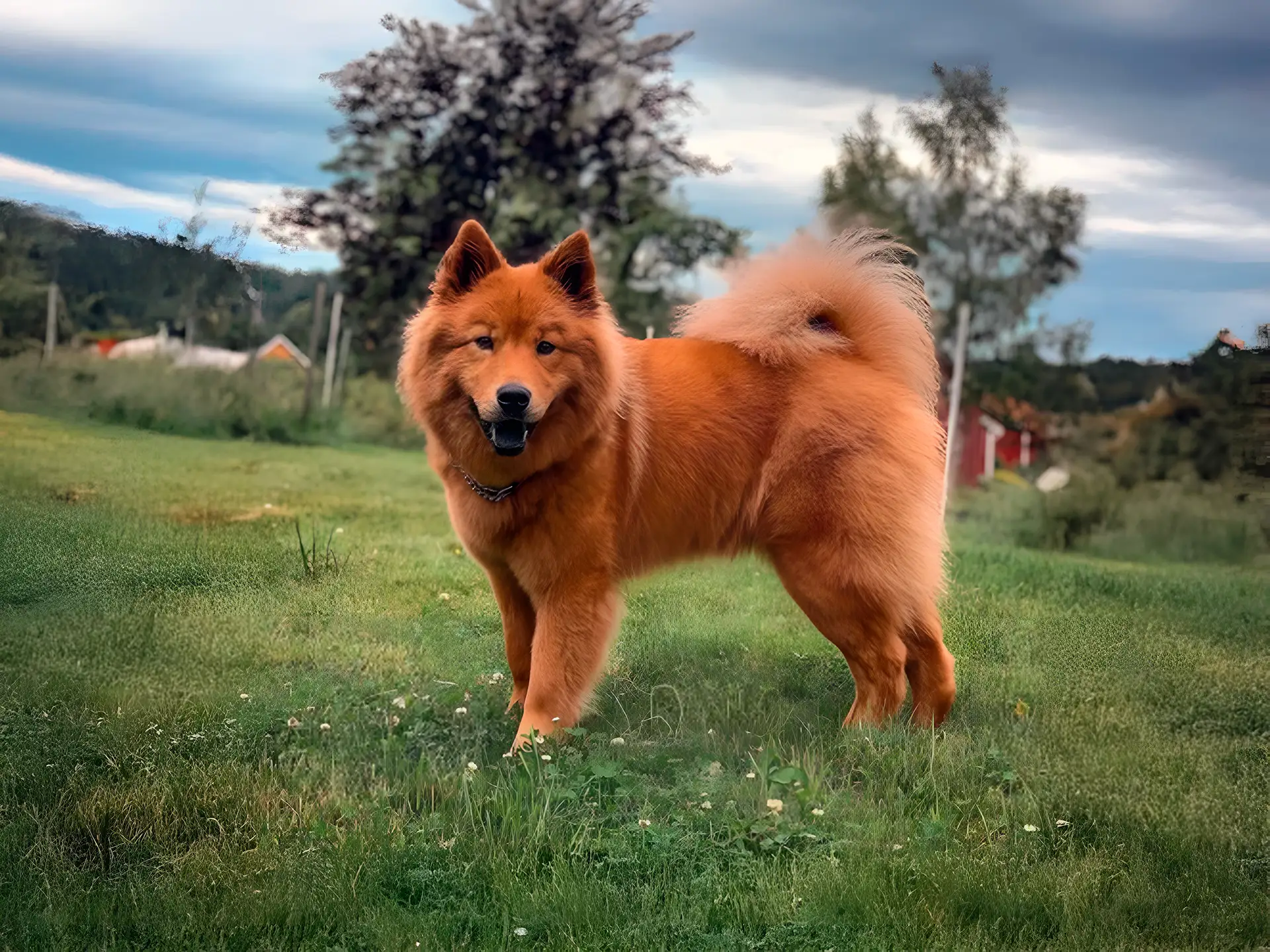 Eurasier dog with a thick reddish coat standing in a lush green field, showing its fluffy tail and alert expression against a rural backdrop