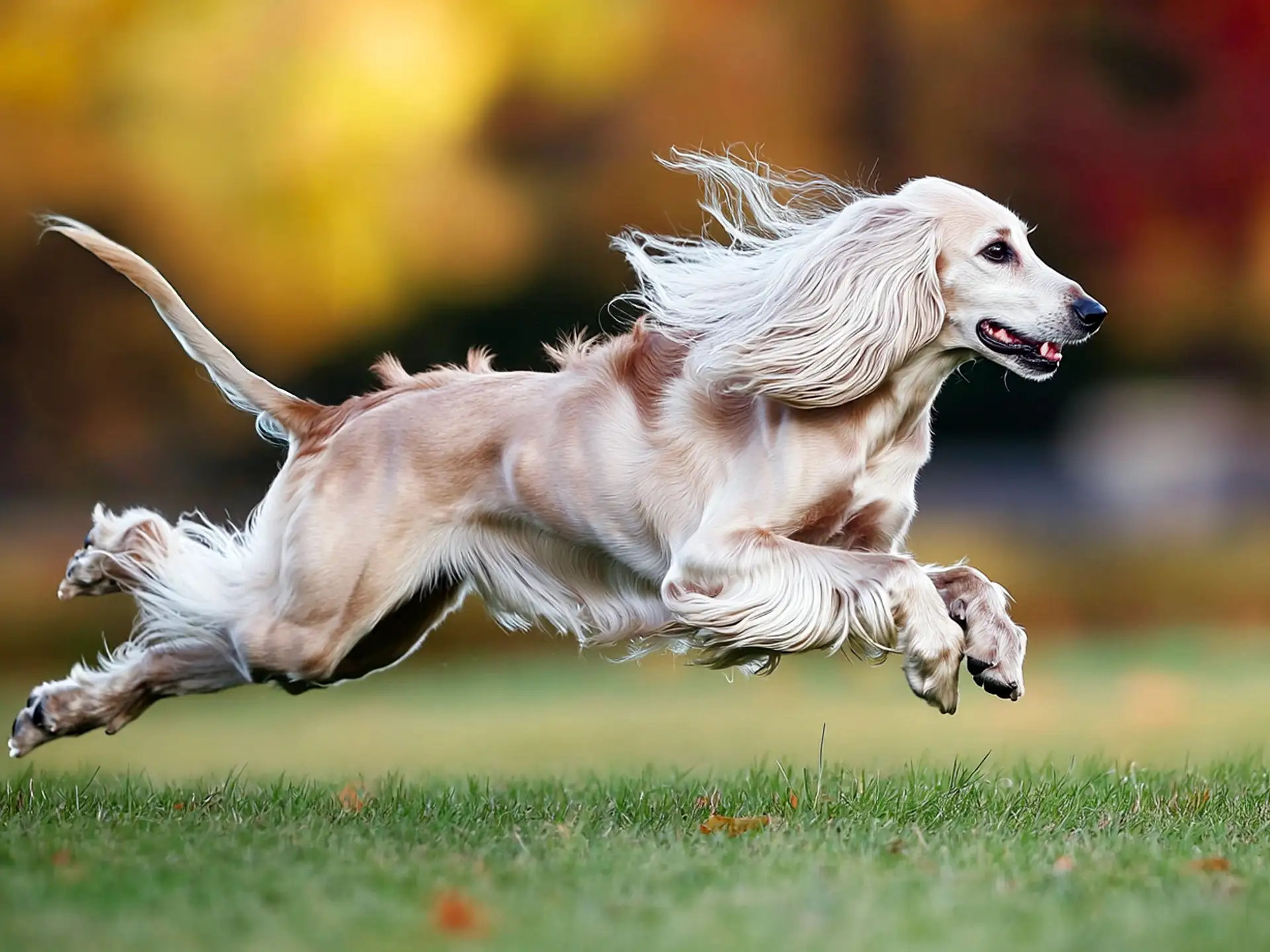 Afghan Hound, one of the fastest dog breeds in the world, running gracefully through a field with its silky coat flowing in motion.