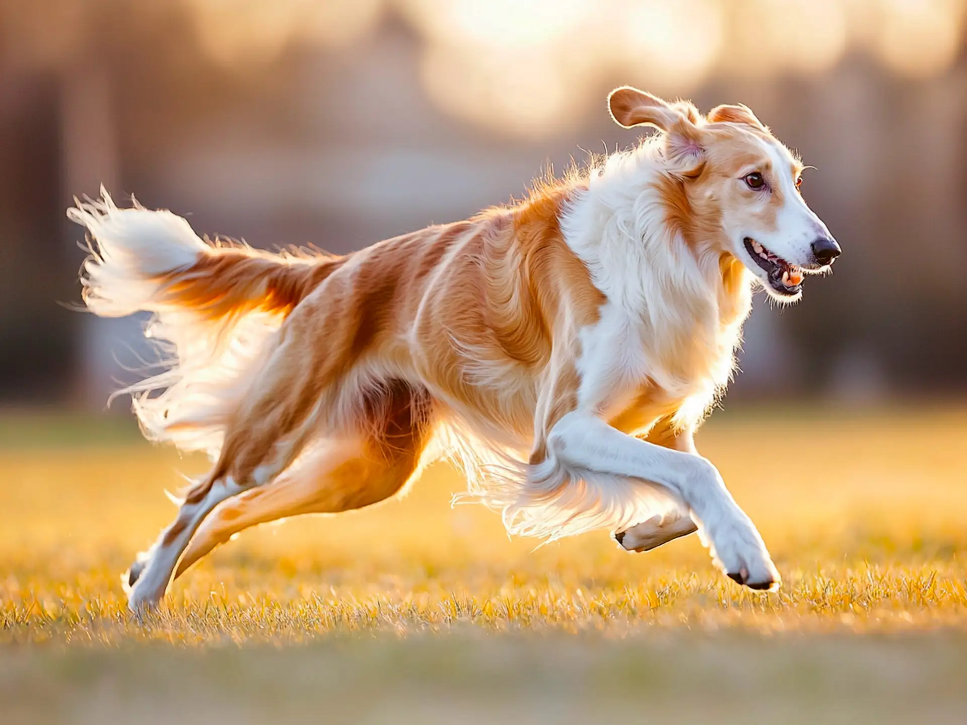 Borzoi, one of the fastest dog breeds in the world, running gracefully through a golden field, showcasing its sleek build and flowing coat.