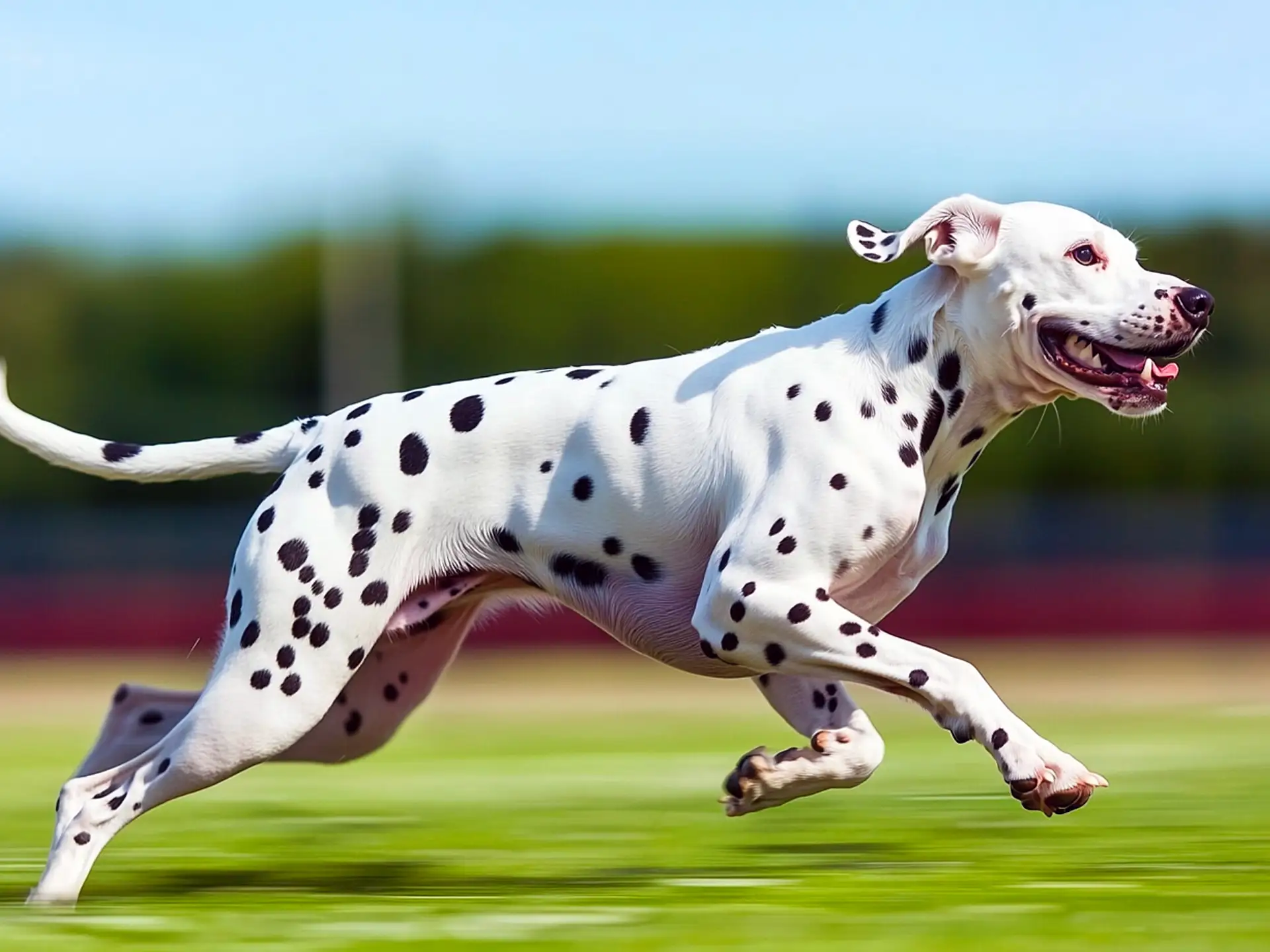 Dalmatian, one of the fastest dog breeds in the world, sprinting through a grassy field, showcasing its iconic black-and-white spotted coat and athletic build.