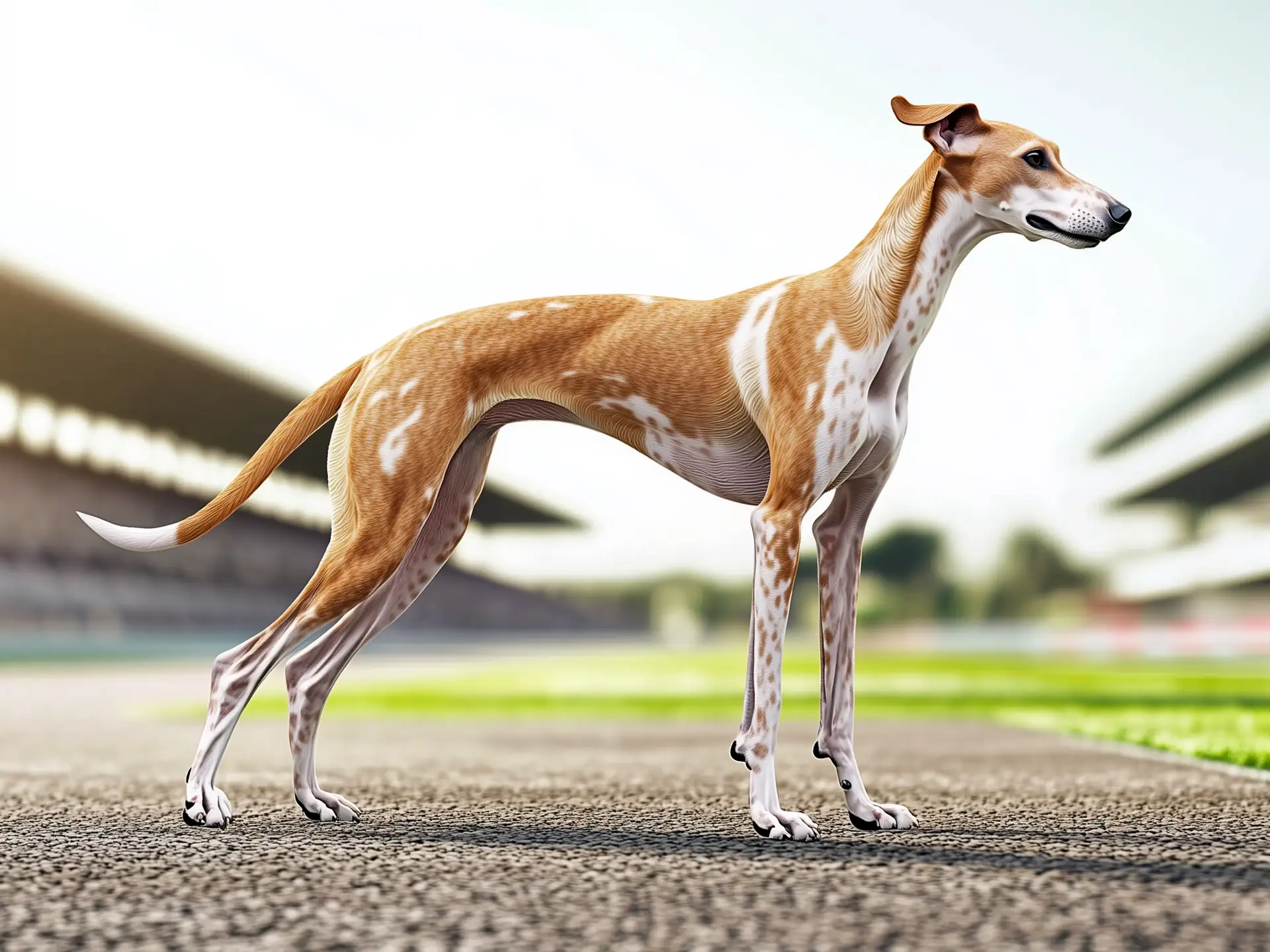 Greyhound, the fastest dog breed in the world, standing on a racing track, showcasing its sleek and athletic build.