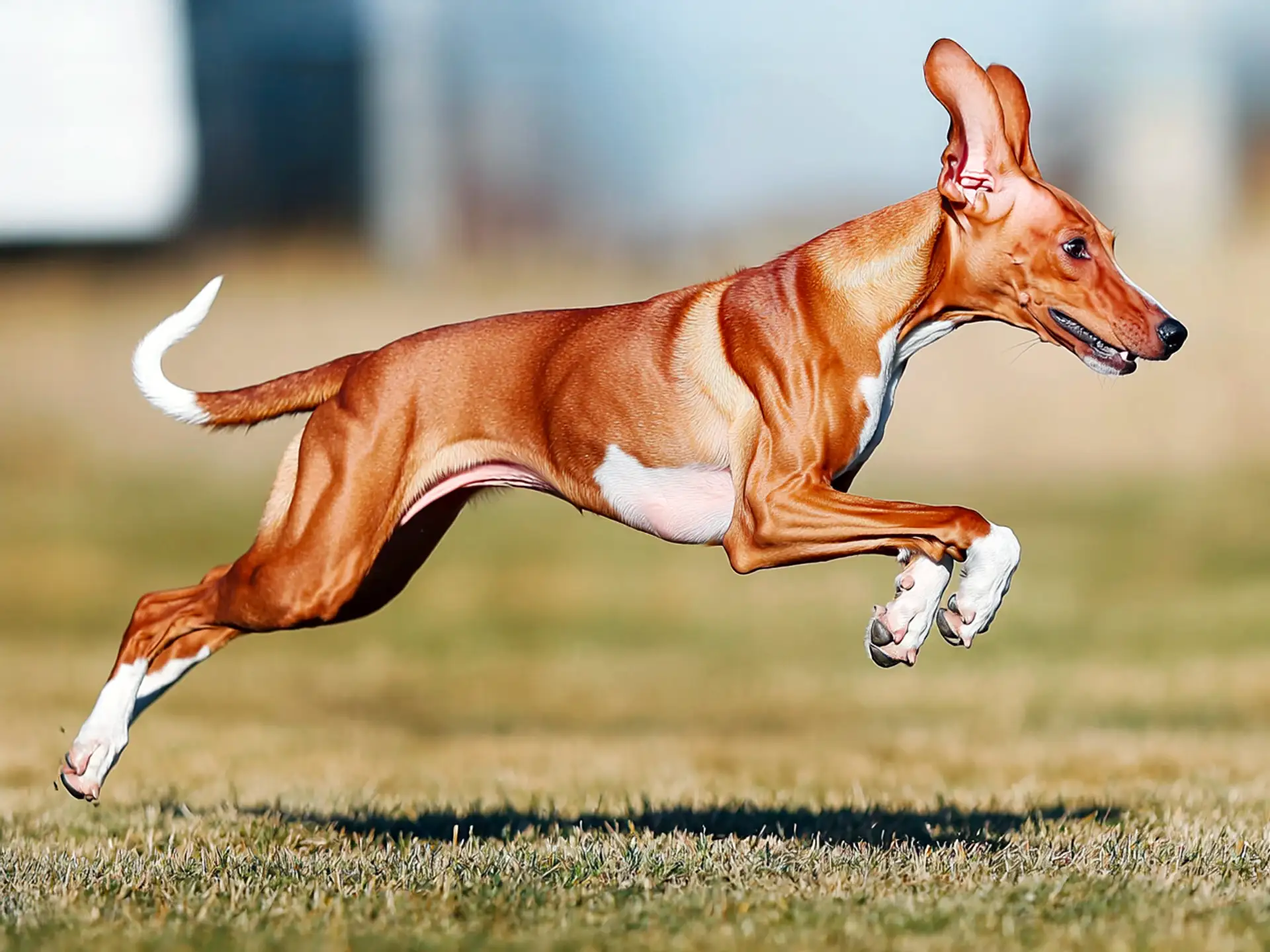 Ibizan Hound, one of the fastest dog breeds in the world, sprinting gracefully through a sunlit field, showcasing its lean build and athleticism.