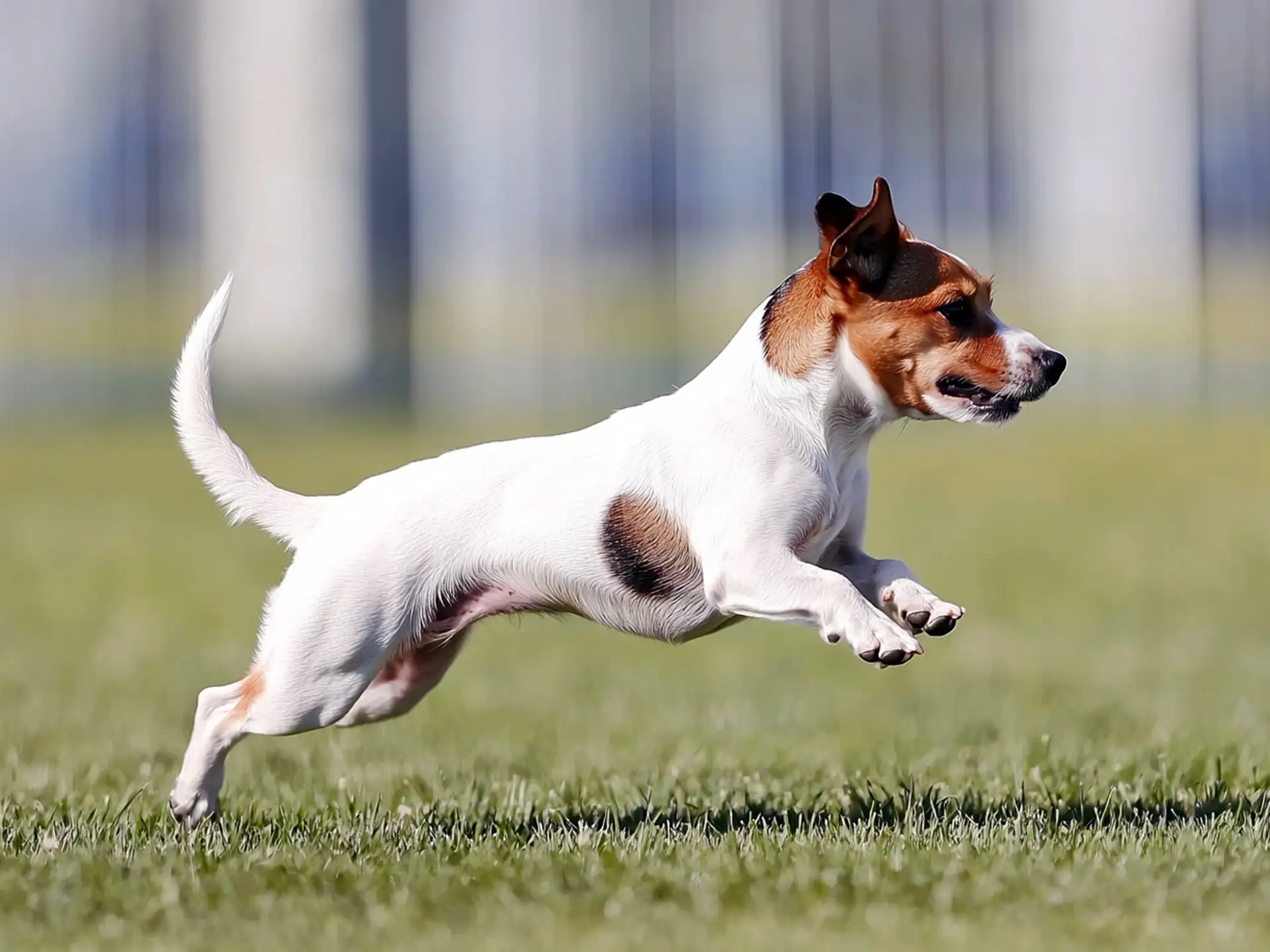 Jack Russell Terrier, one of the fastest small dog breeds in the world, leaping energetically through a grassy field, showcasing its speed and agility.