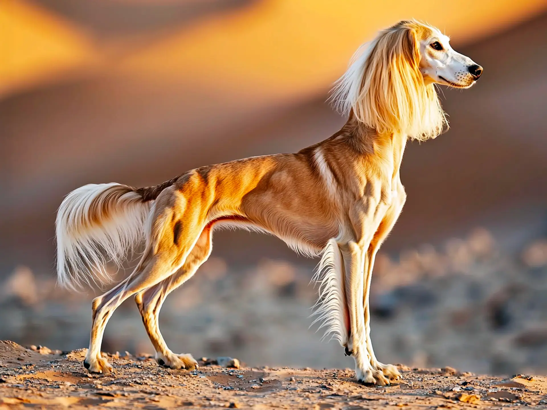 Saluki, one of the fastest dogs in the world, standing on desert terrain, showcasing its elegant build and silky coat