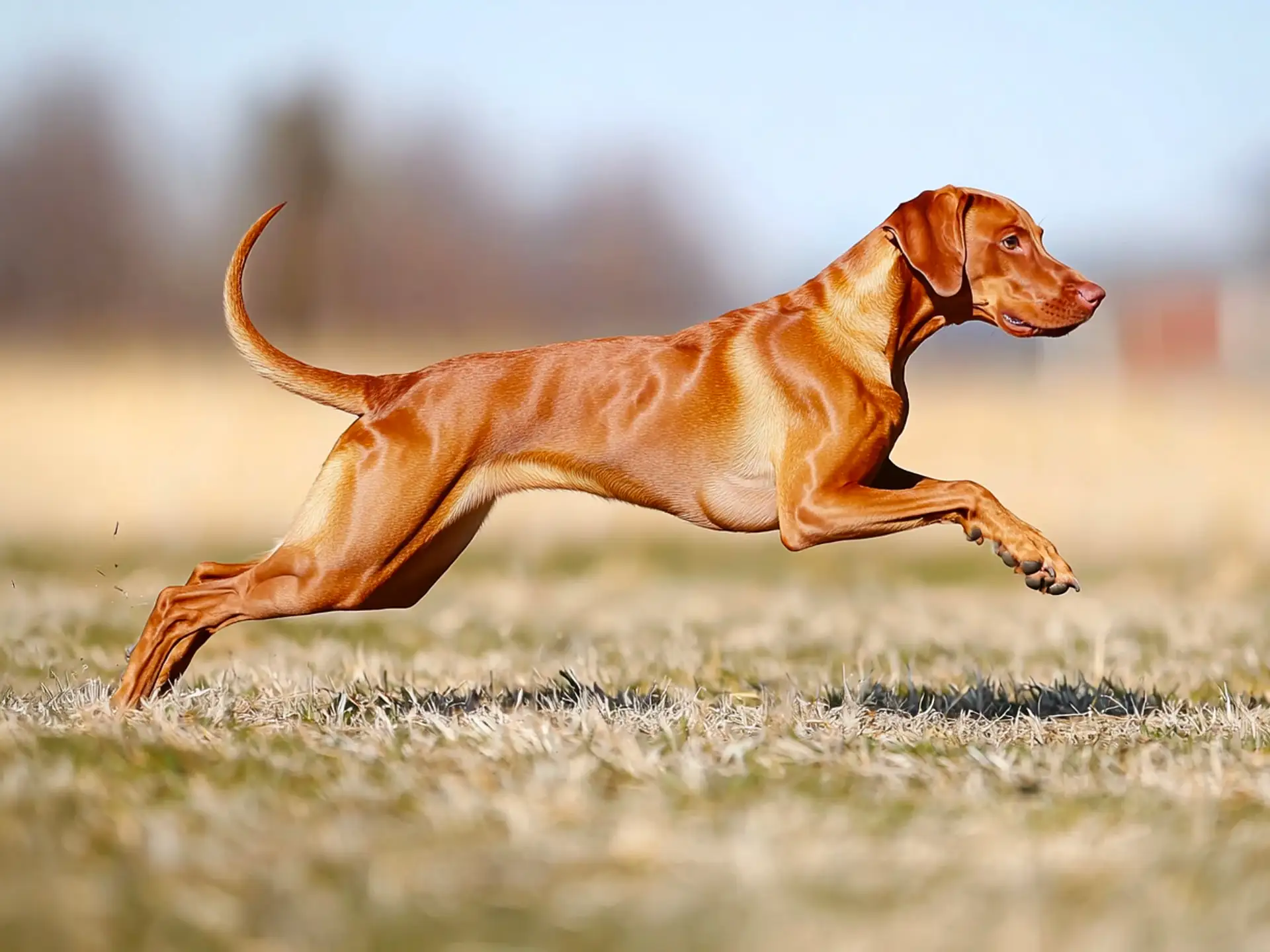 Vizsla, one of the fastest dog breeds in the world, sprinting through a field with its sleek coat and athletic build, showcasing incredible speed.