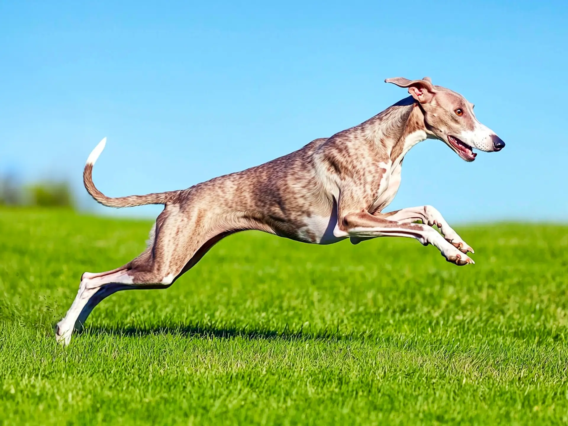 Whippet sprinting gracefully through a grassy field, showcasing its aerodynamic build and reputation as a top athletic and speedy dog breed.