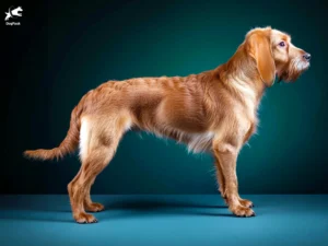 Fawn Brittany Griffon (Griffon fauve de bretagne) dog breed full body view standing against green background