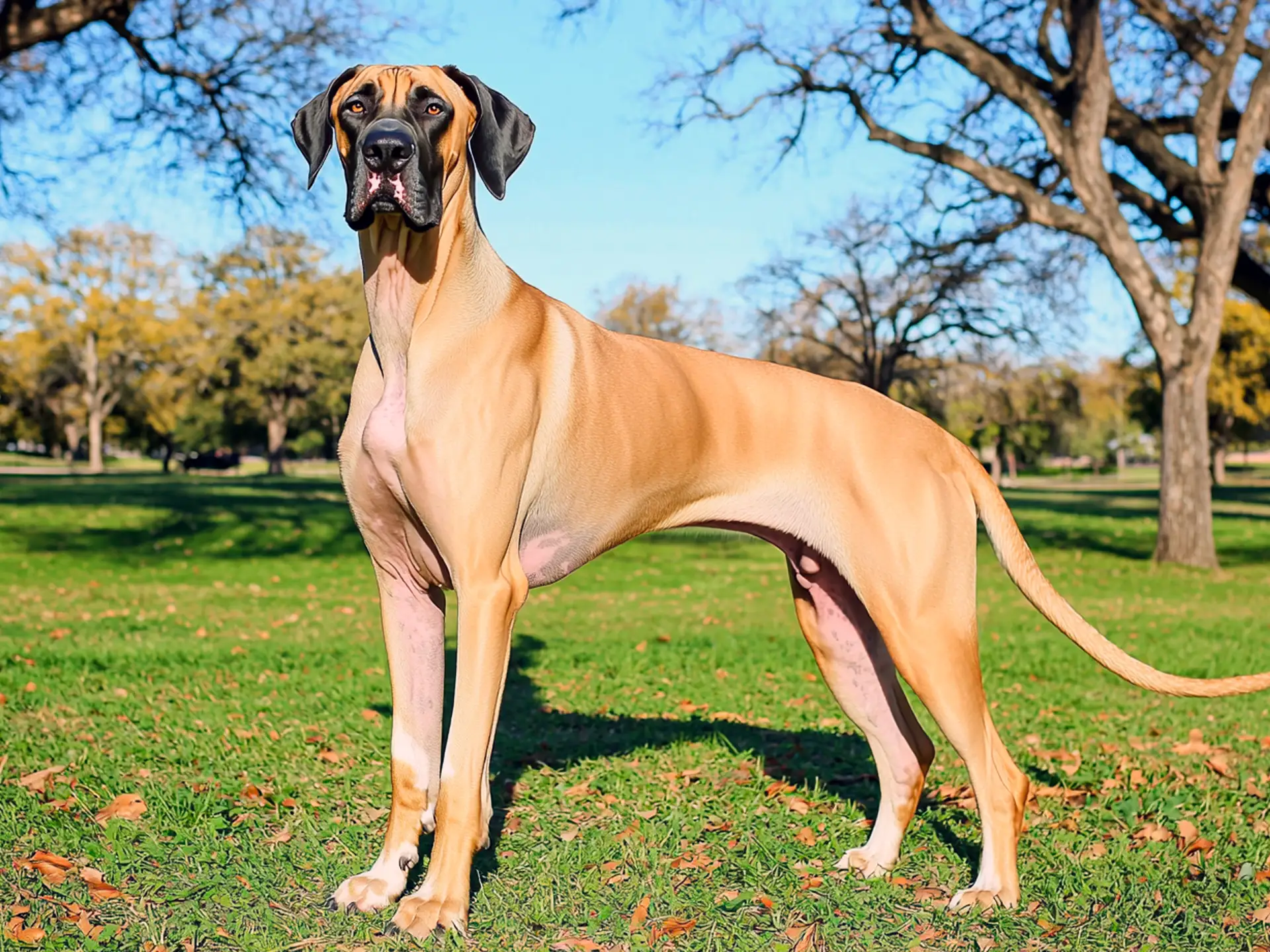 A fawn-colored Great Dane standing tall in a grassy park, showcasing its elegant and majestic posture under a sunny sky