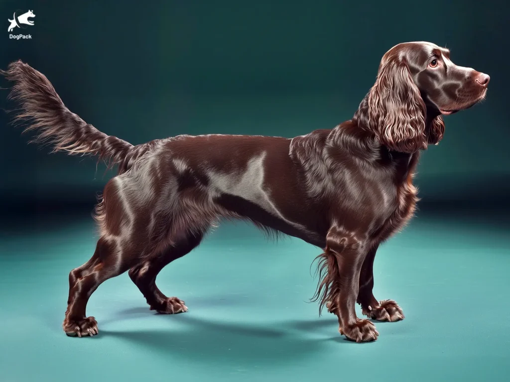 Field Spaniel Dog breed full body view standing against green background