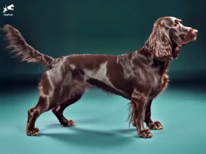 Field Spaniel Dog breed full body view standing against green background