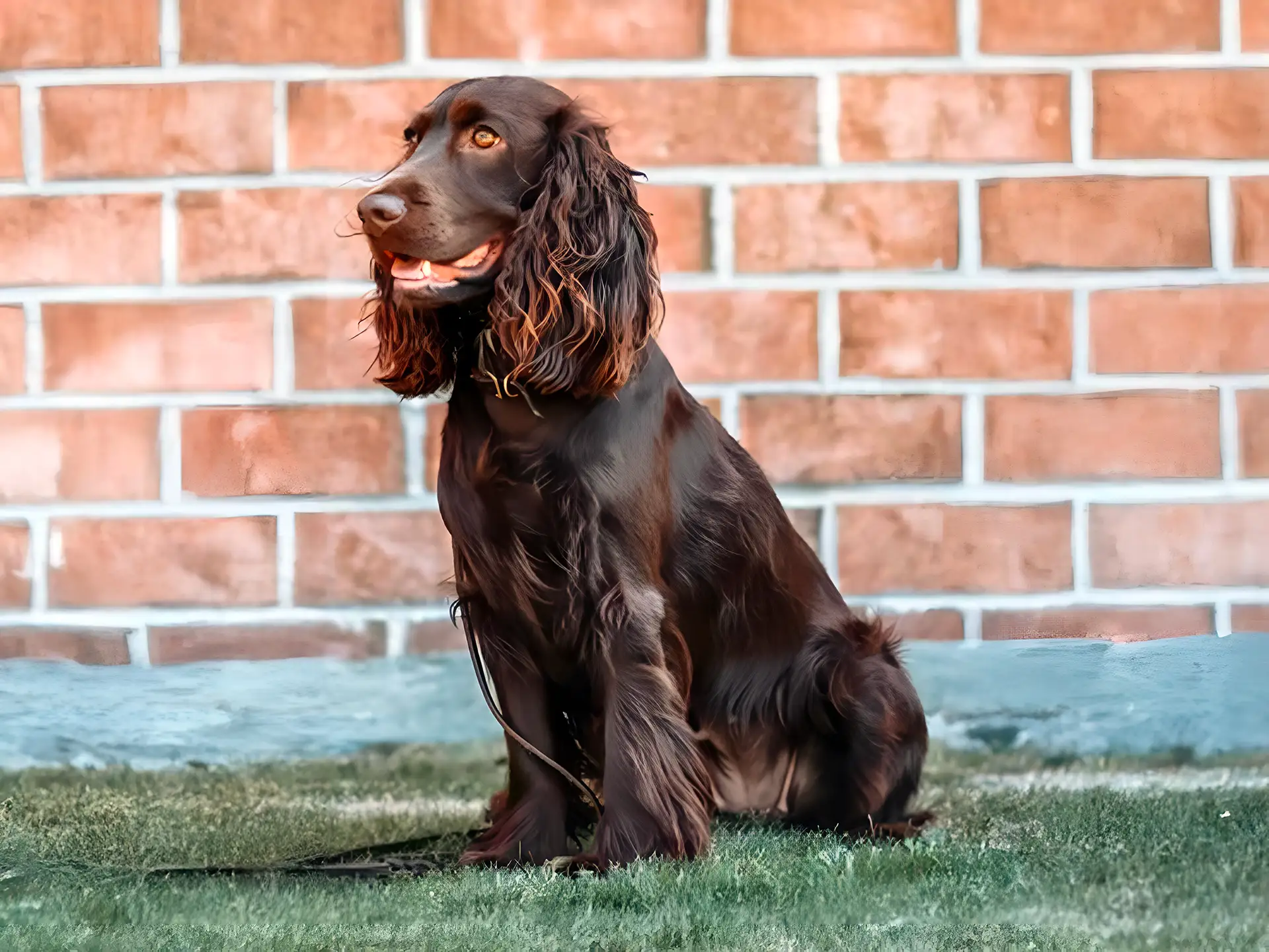 Field Spaniel dog sitting on grass in front of a red brick wall, showcasing its long ears and shiny brown coat