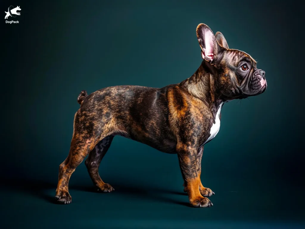 French Bulldog Brindle Dog breed full body view standing against green background