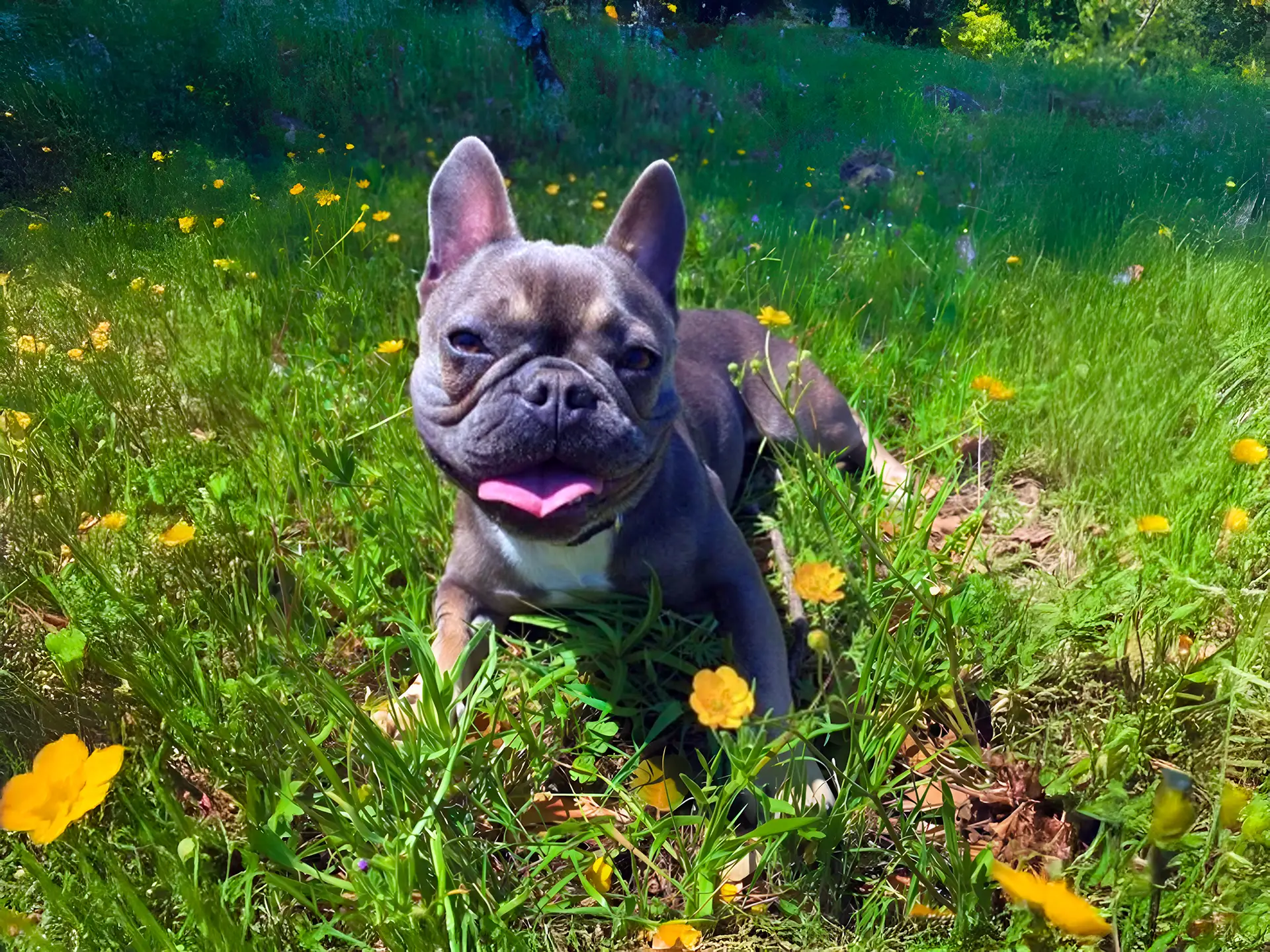 French Bulldog lying in a field of wildflowers, smiling with its tongue out, surrounded by yellow blossoms.