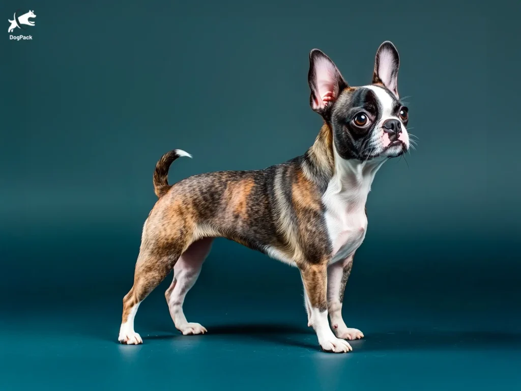 French Bullhuahua Dog breed full body view standing against green background