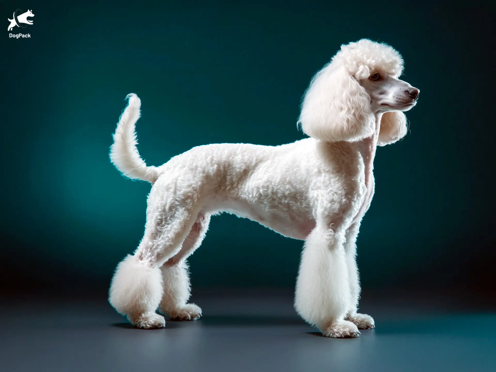 Full-body side profile of a French Poodle with a classic groomed coat, standing on a teal backdrop