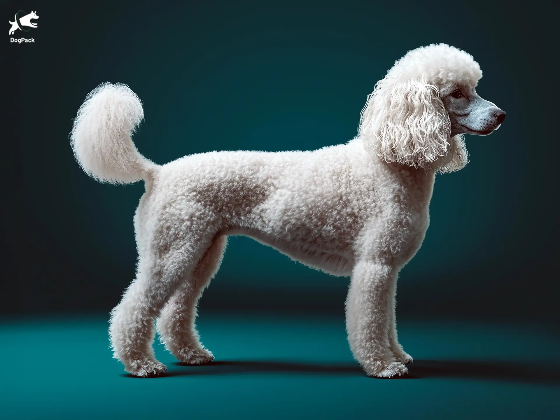 French Poodle Dog breed full body view standing against green background