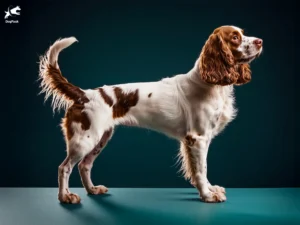 French Spaniel Dog breed full body view standing against green background