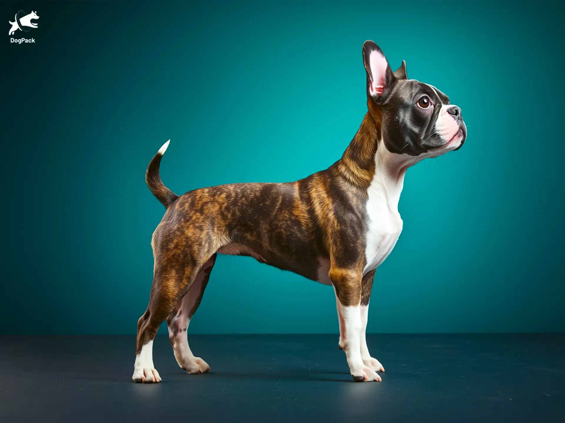 Frenchton Dog breed full body view standing against green background