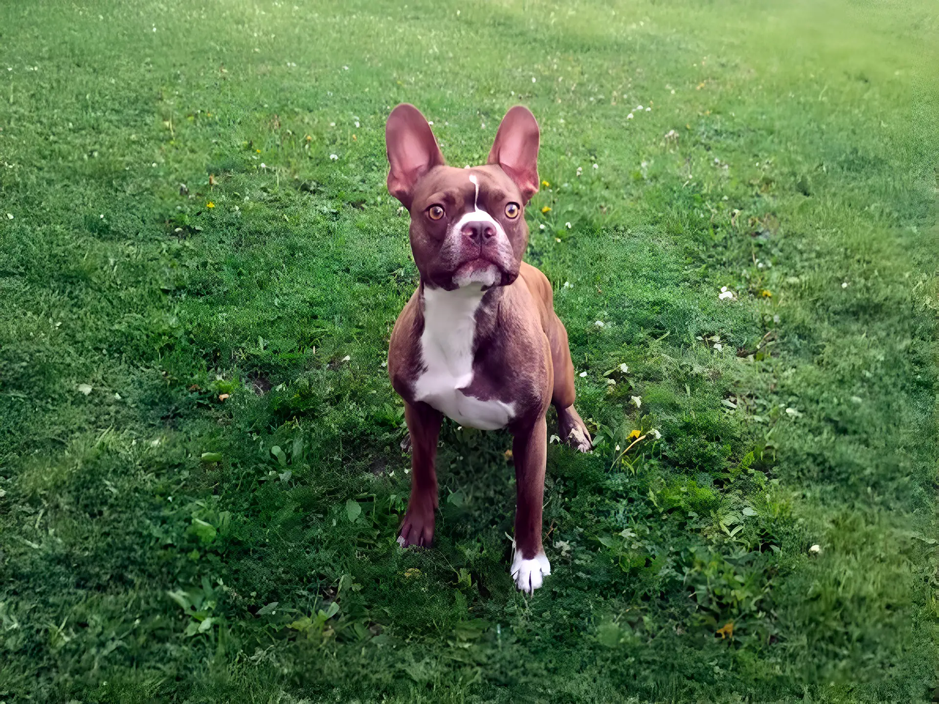 Frenchton dog breed sitting on green grass, showcasing its compact body and large, upright ears