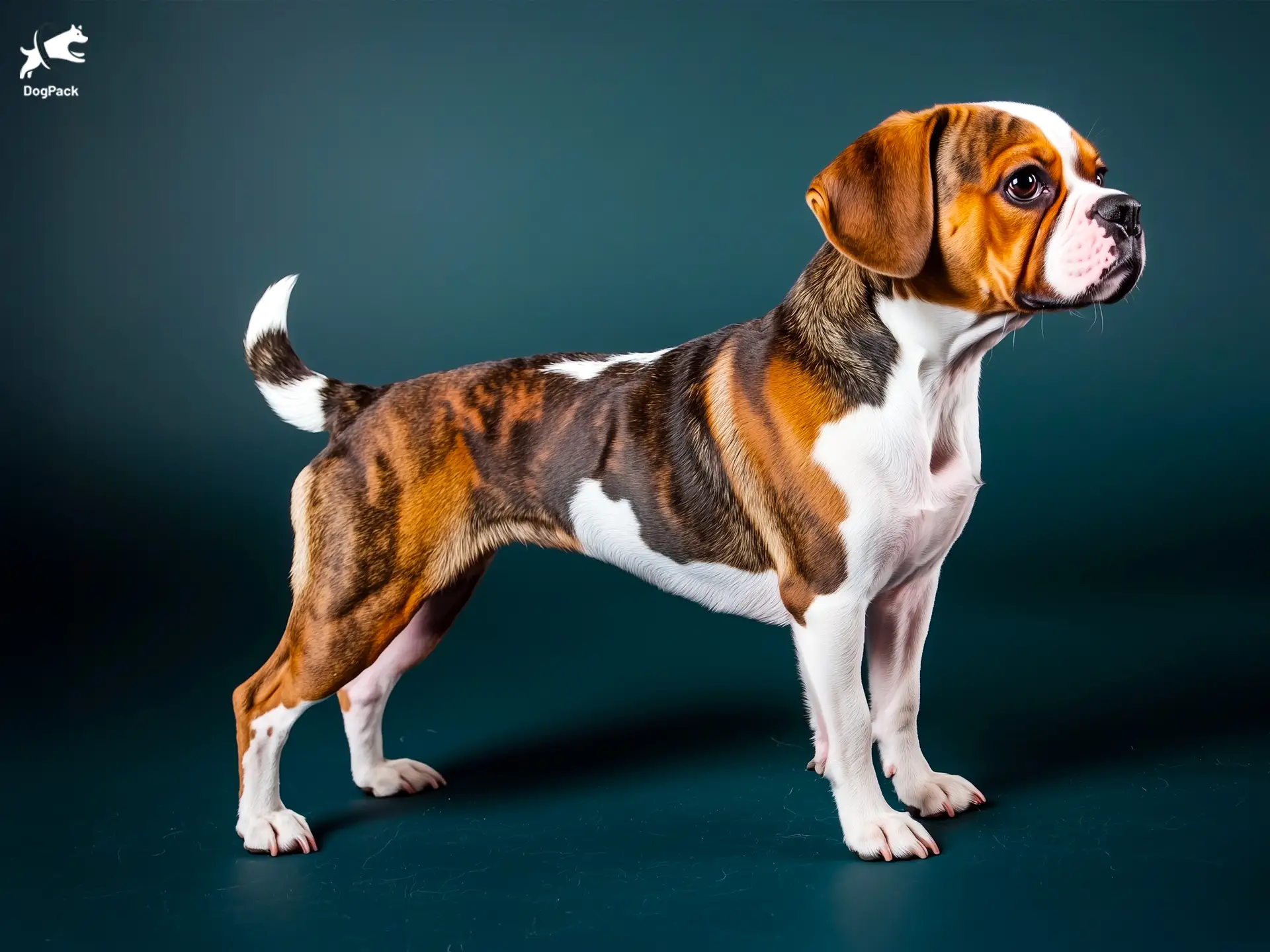 Frengle Dog breed full body view standing against green background