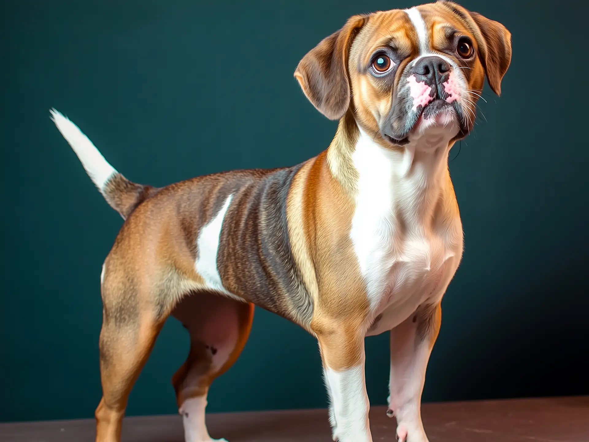 Frengle dog breed standing on a studio background, displaying its compact and muscular build