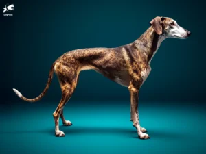 Galgo Español Dog breed full body view standing against green background