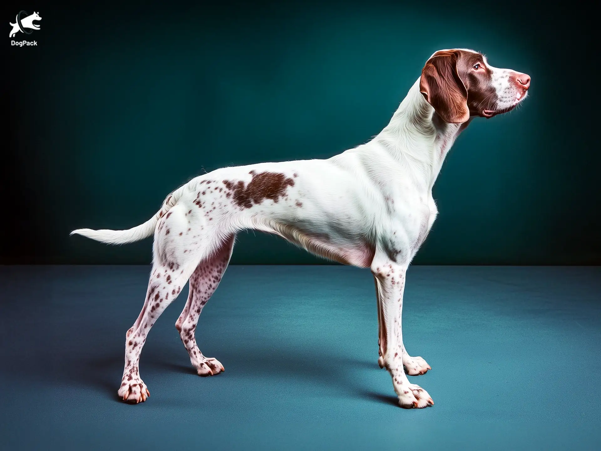 Gammel Dansk Hønsehund (Old Danish Pointer) Dog breed full body view standing against green background