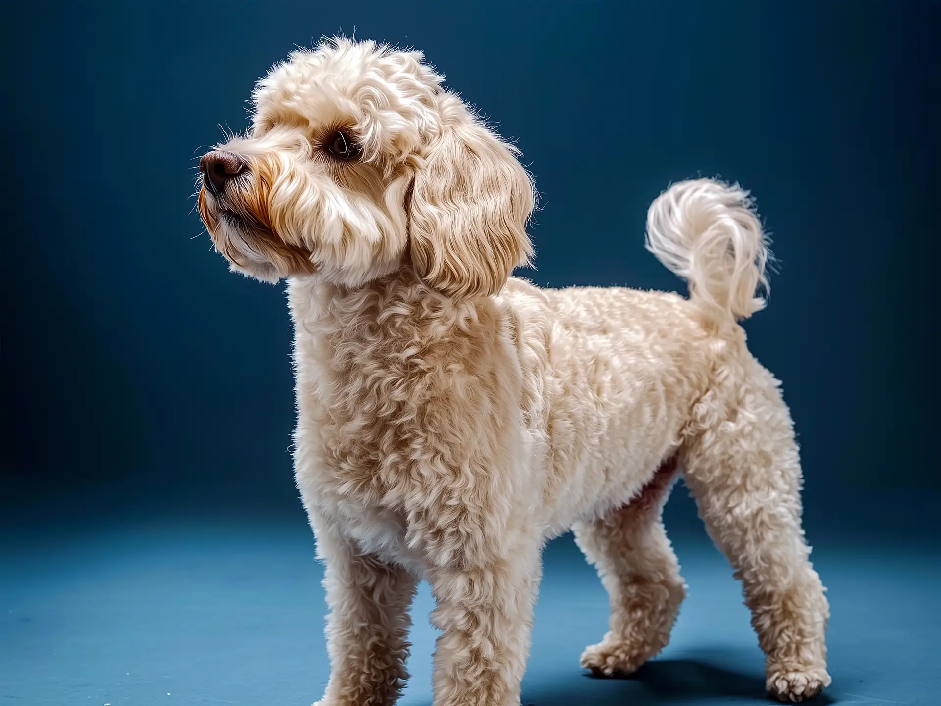 Close-up of a fluffy Ganaraskan dog with a curly coat, standing against a blue background, showing its unique features