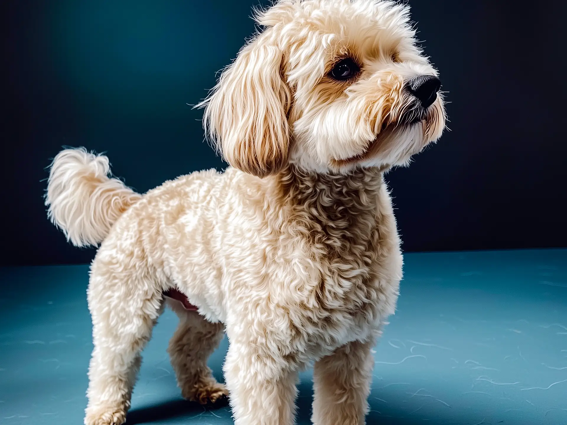 Side profile of a Ganaraskan dog with a cream curly coat, standing confidently on a teal background