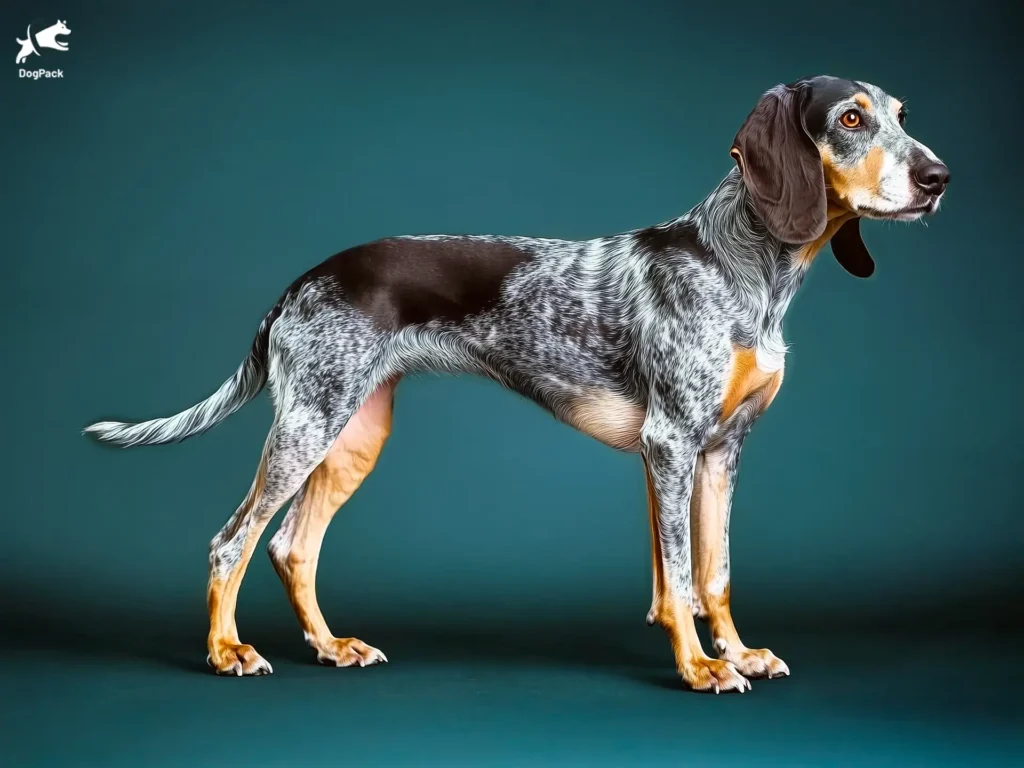 Gascony Blue Dog breed full body view standing against green background