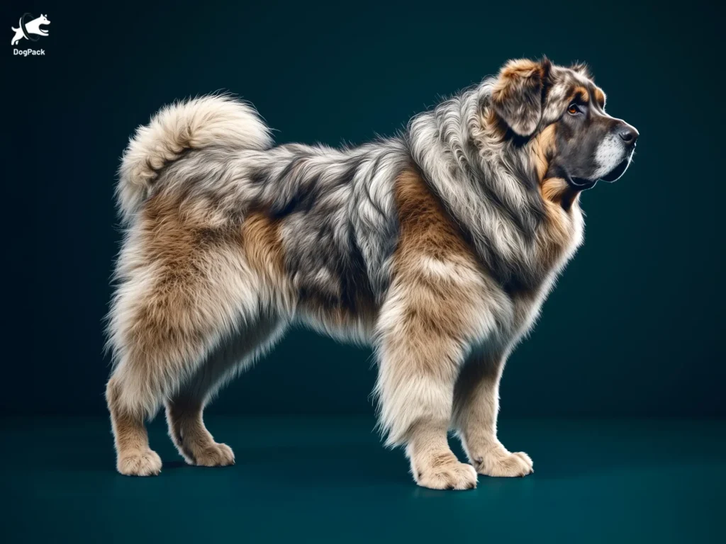 Georgian Shepherd (Mountain Dog) breed full body view standing against green background