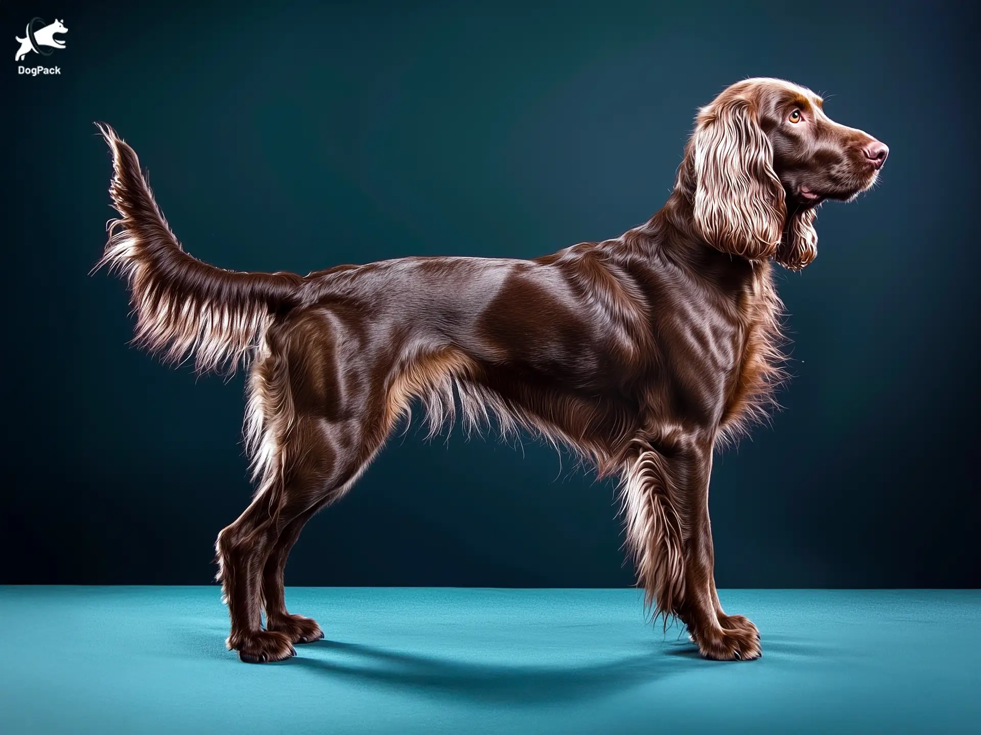 German Longhaired Pointer Dog breed full body view standing against green background