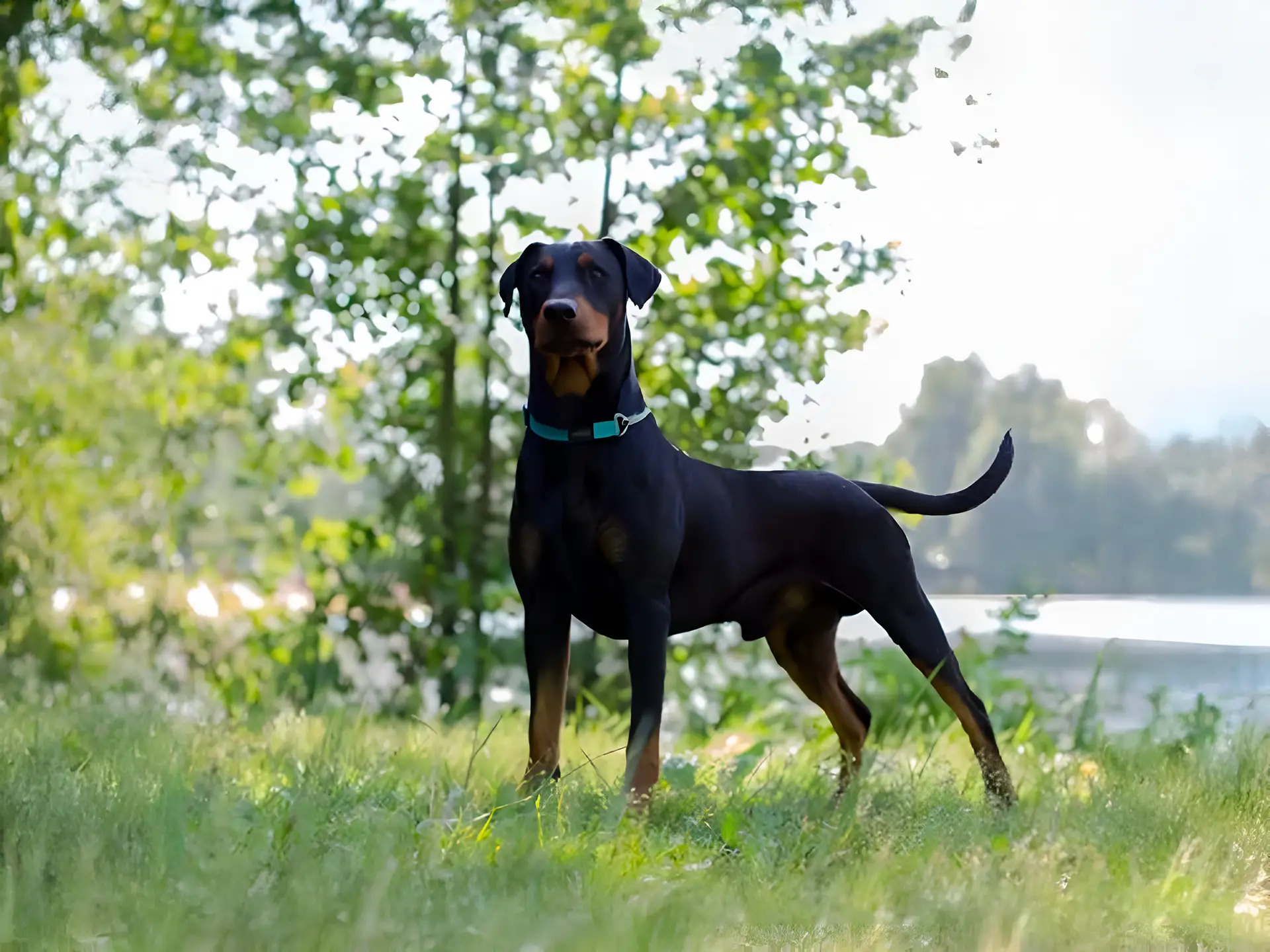 German Pinscher with a sleek black and tan coat standing on grass near trees and a lake, wearing a blue collar