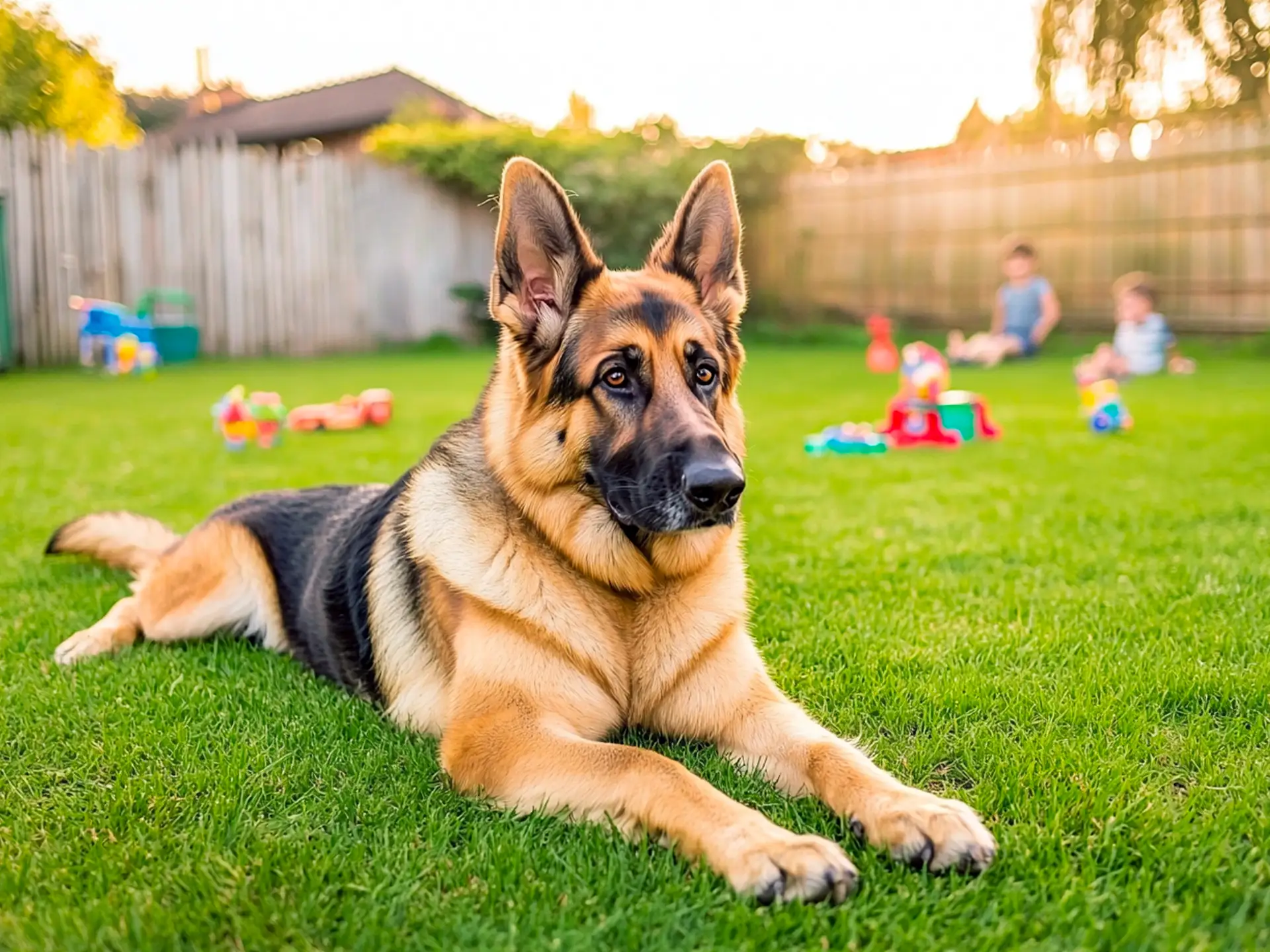 German Shepherd lying on grass in a backyard, with children playing in the background