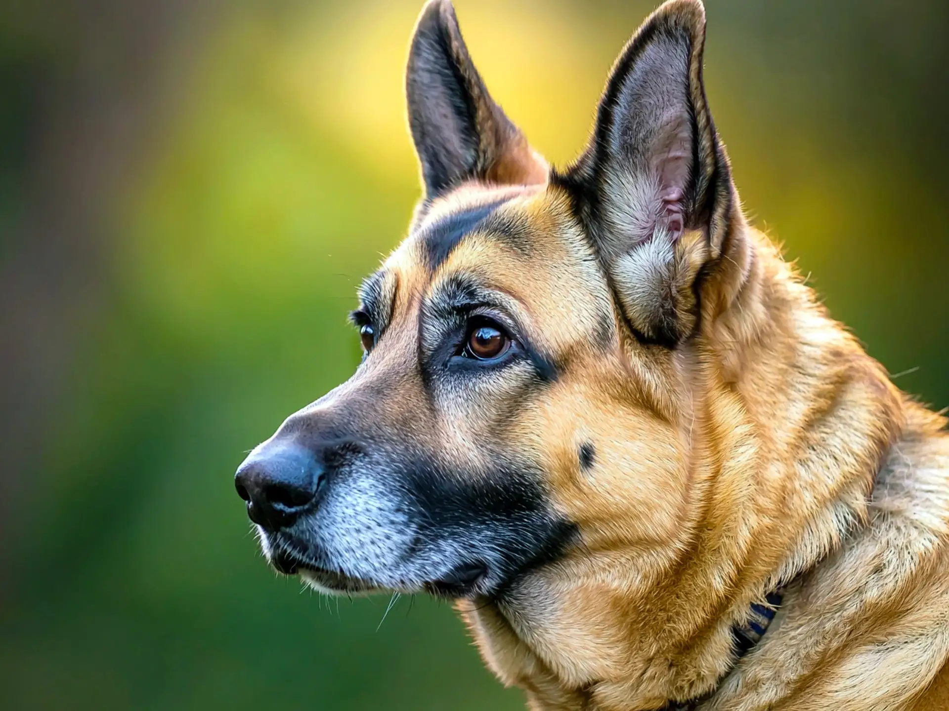 Close-up of a German Shepherd's face, highlighting its intelligent expression and sharp features