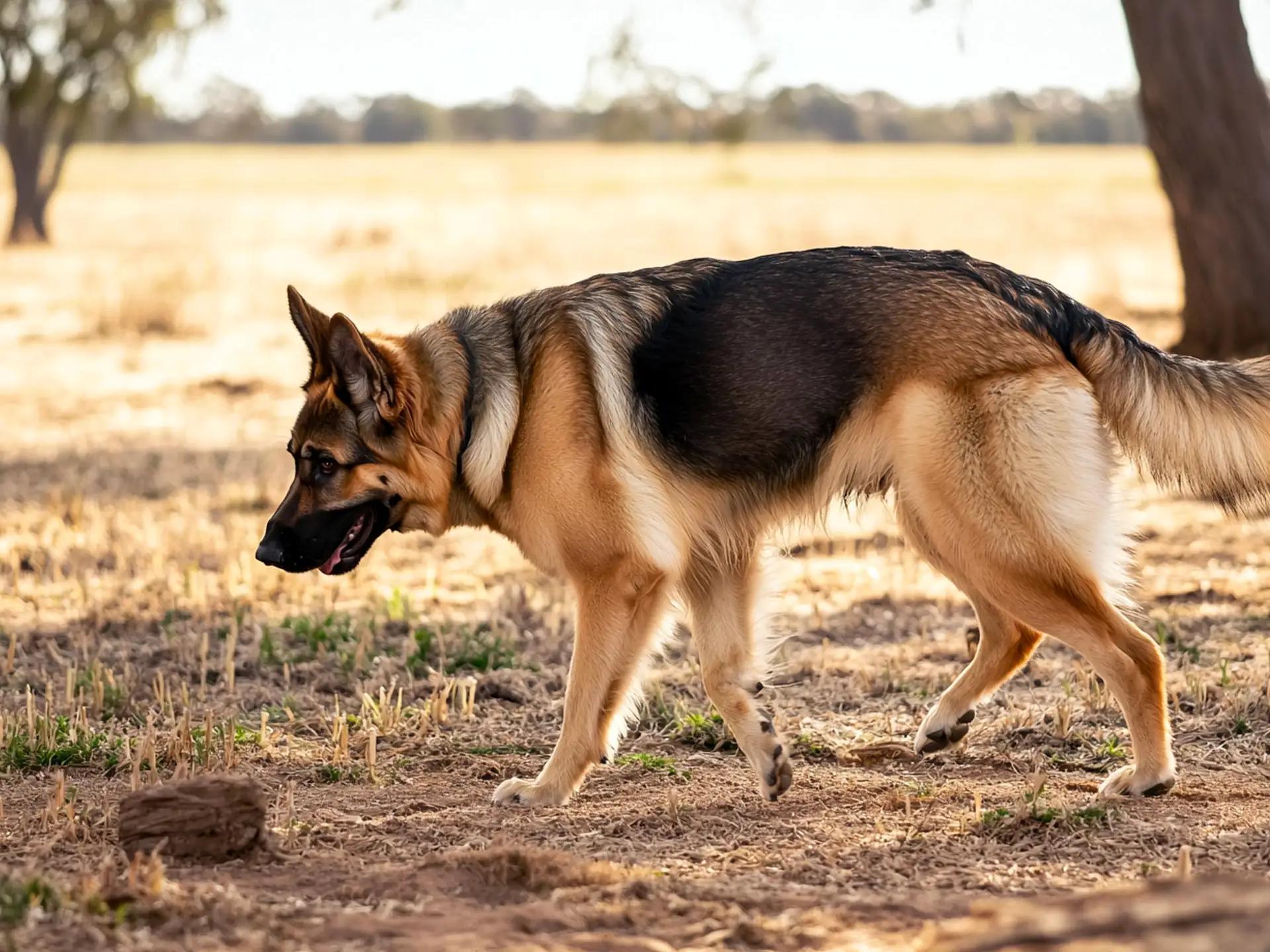 German Shepherd walking in a field, showcasing its graceful movement and alert posture