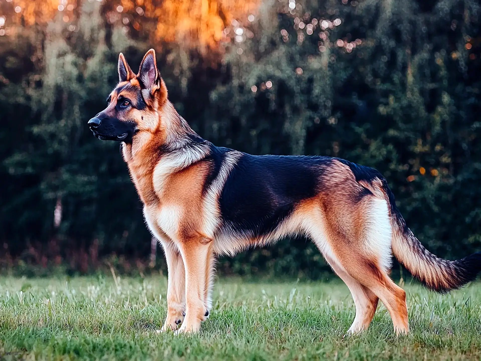 German Shepherd standing in a grassy field at sunrise, showcasing its muscular build, sharp eyes, and confident stance with a forest in the background.