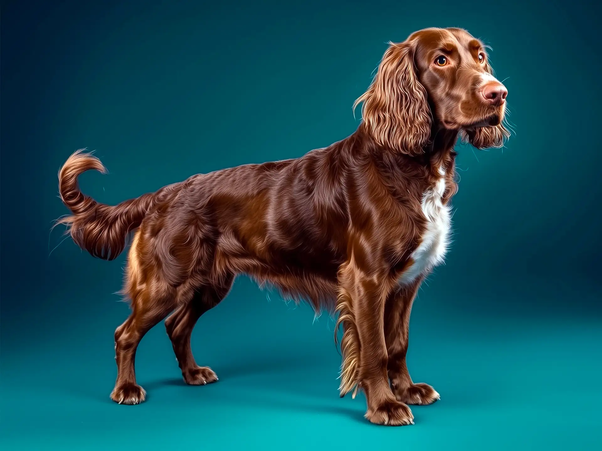 German Spaniel with a rich brown coat, standing alert in profile on a blue-green background