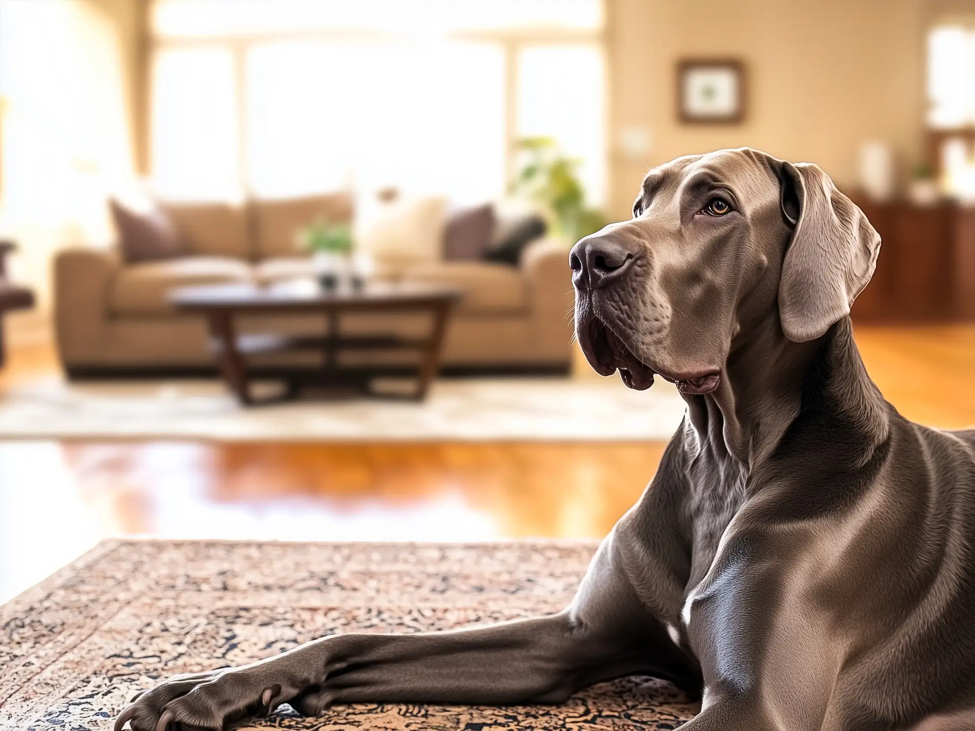 A gray Great Dane relaxing indoors on a patterned rug, exuding calm and grace in a cozy living room setting