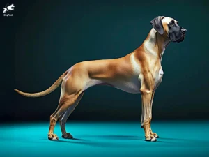 Great Dane Dog breed full body view standing against green background