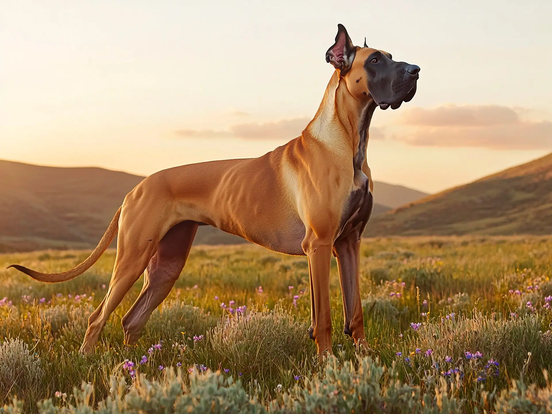 Great Dane standing in an open meadow at sunrise, showcasing its towering build, sleek fawn coat, and powerful stance with a natural landscape backdrop.